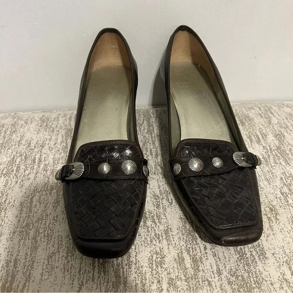 COPY - Unisa Women's  Croc Brown Leather Heeled Loafers - Picture 1 of 7